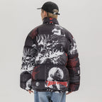 Y2K Black Anime Print Loose Puffer Jacket — fabric close-up