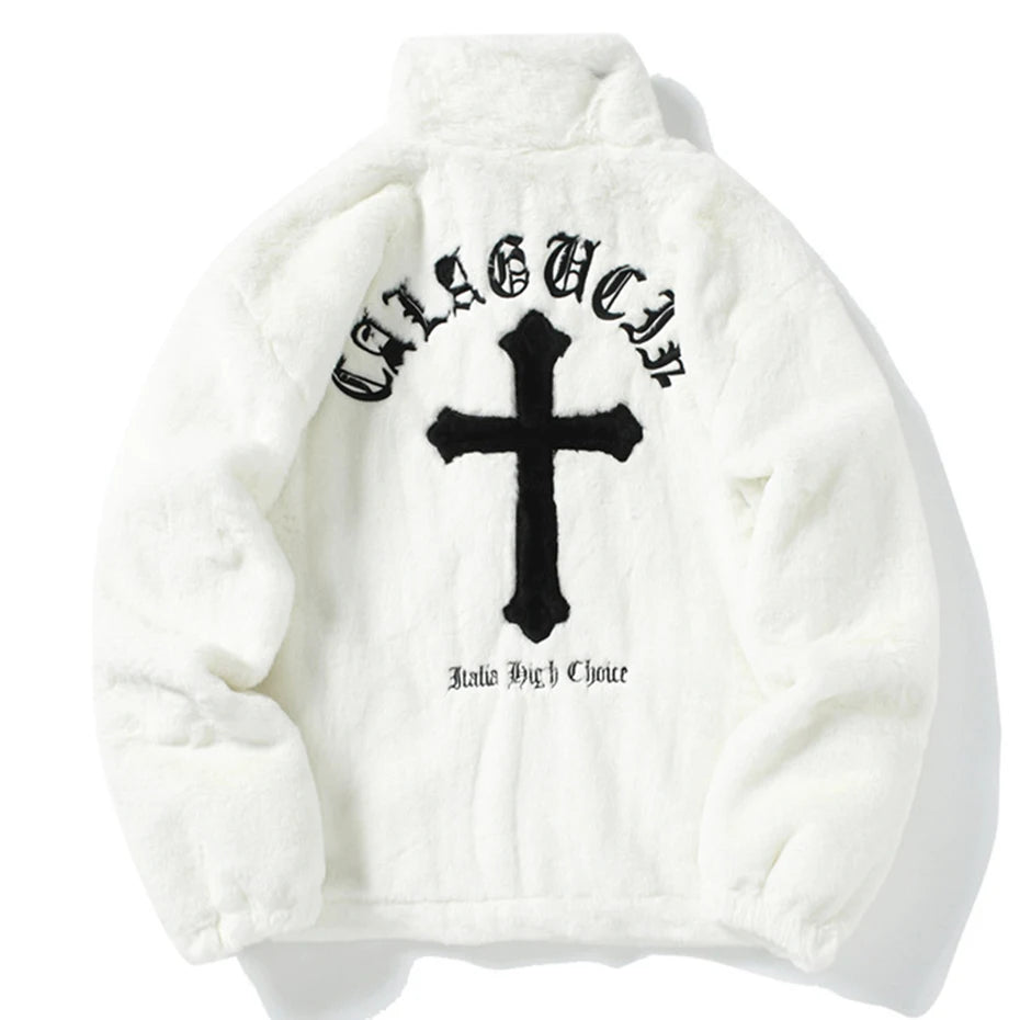 Black Cross Embroidered Fleece Oversized Coat — back view