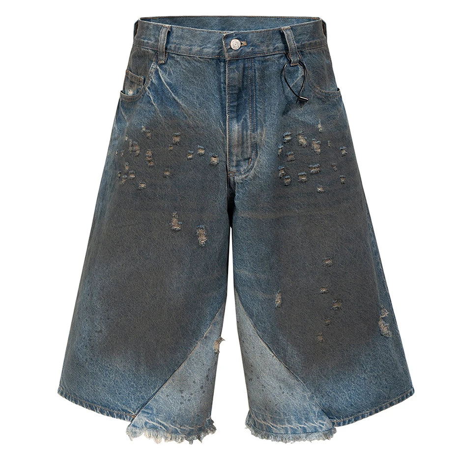 Fake Vintage Blue Ripped Wide Leg Denim Shorts — styling shot