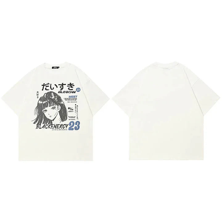 Y2K White Anime Cartoon Graphic T-Shirt — fabric close-up