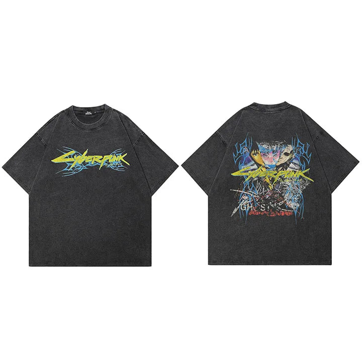 Devil Black Anime Cartoon Faded T-Shirt — detail shot