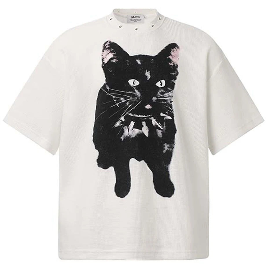Y2K White Cat Graphic Oversized T-Shirt — styling shot