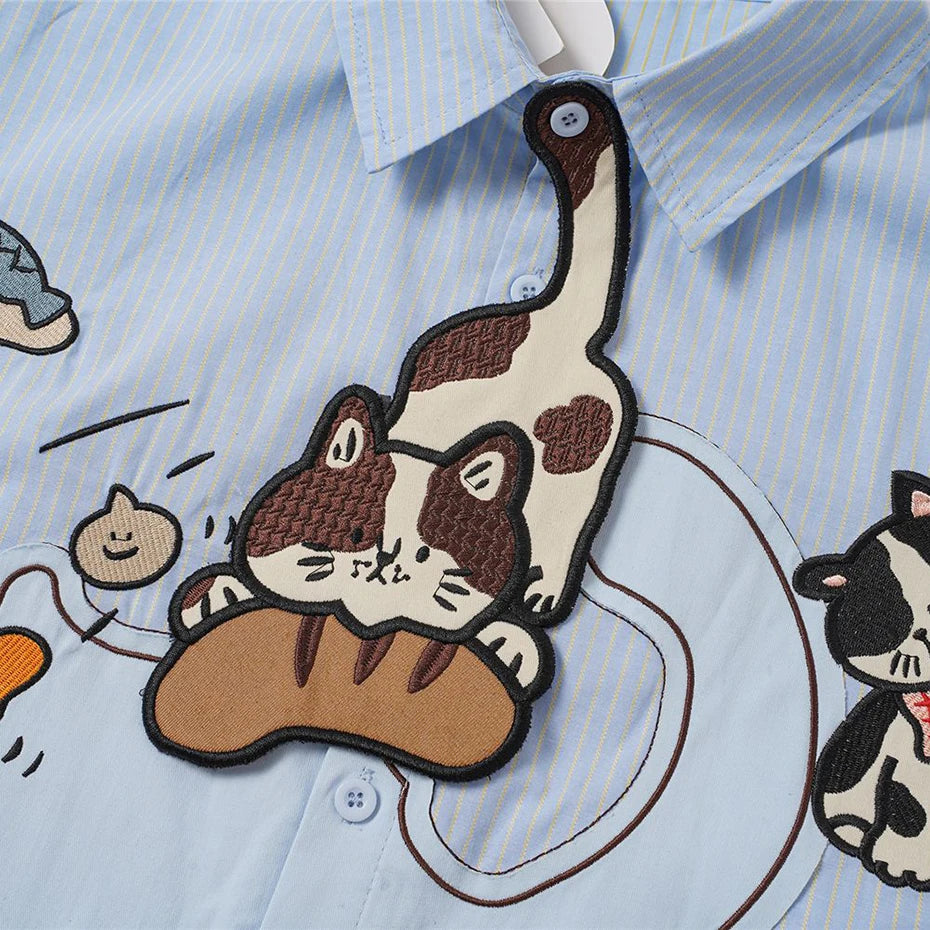 Funny Cat Embroidered Loose Shirt — back view
