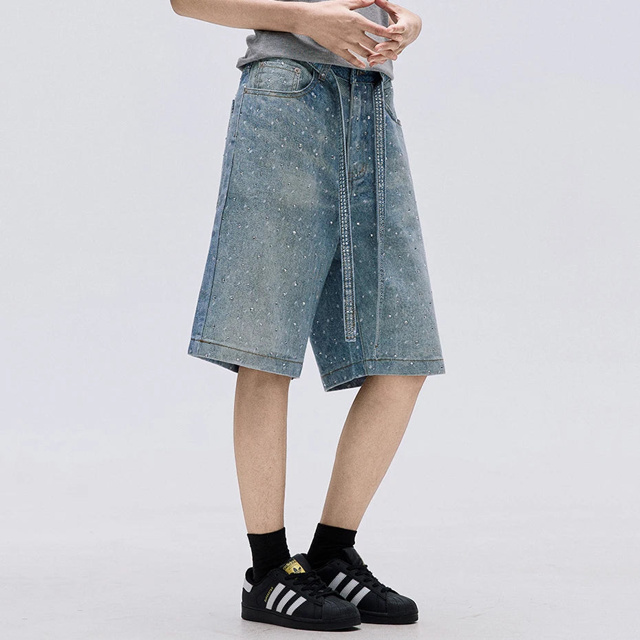 Rhinestone Denim Shorts — fabric close-up