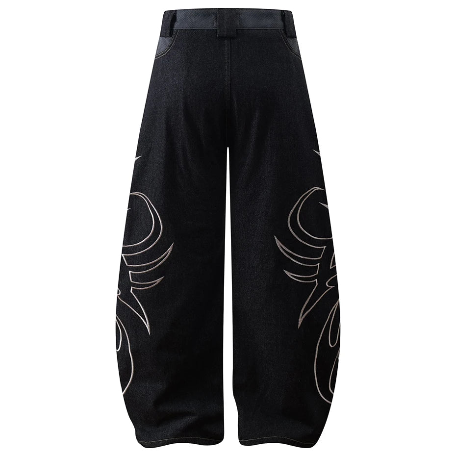 Black Embroidered Denim Baggy Jeans — front view