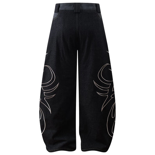 Black Embroidered Denim Baggy Jeans — front view