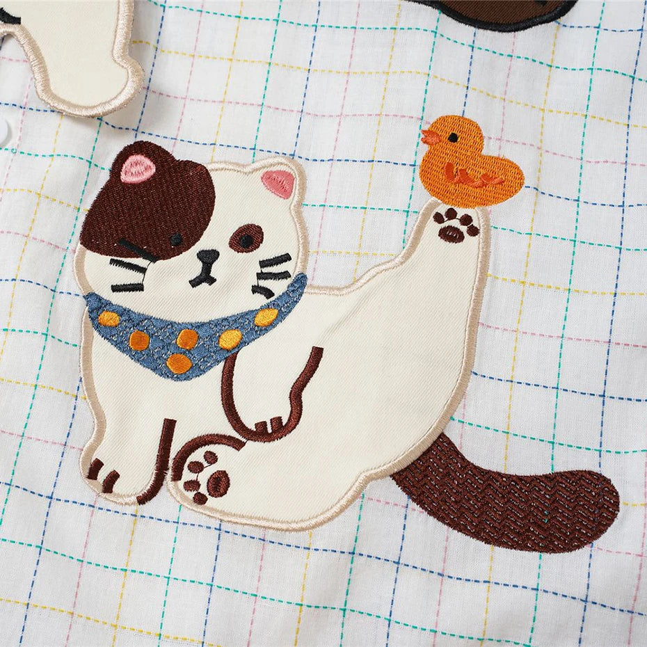 Y2K Cat Patchwork Loose Shirt — fabric close-up