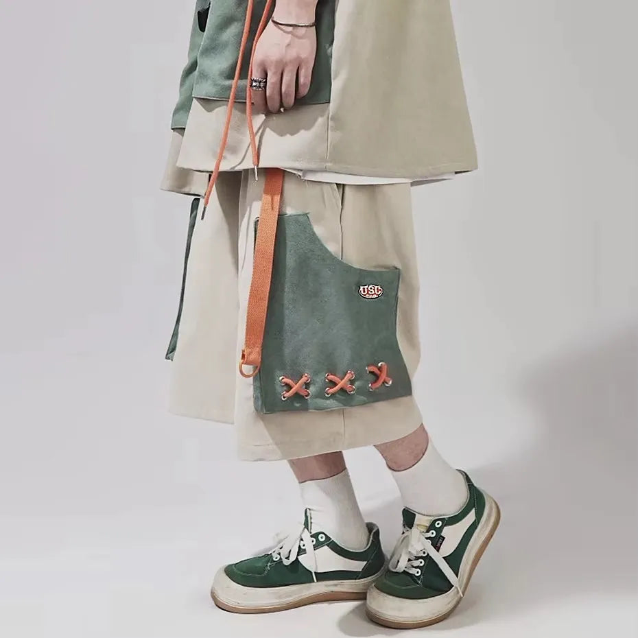 Y2K Patchwork Loose Cargo Shorts — fabric close-up