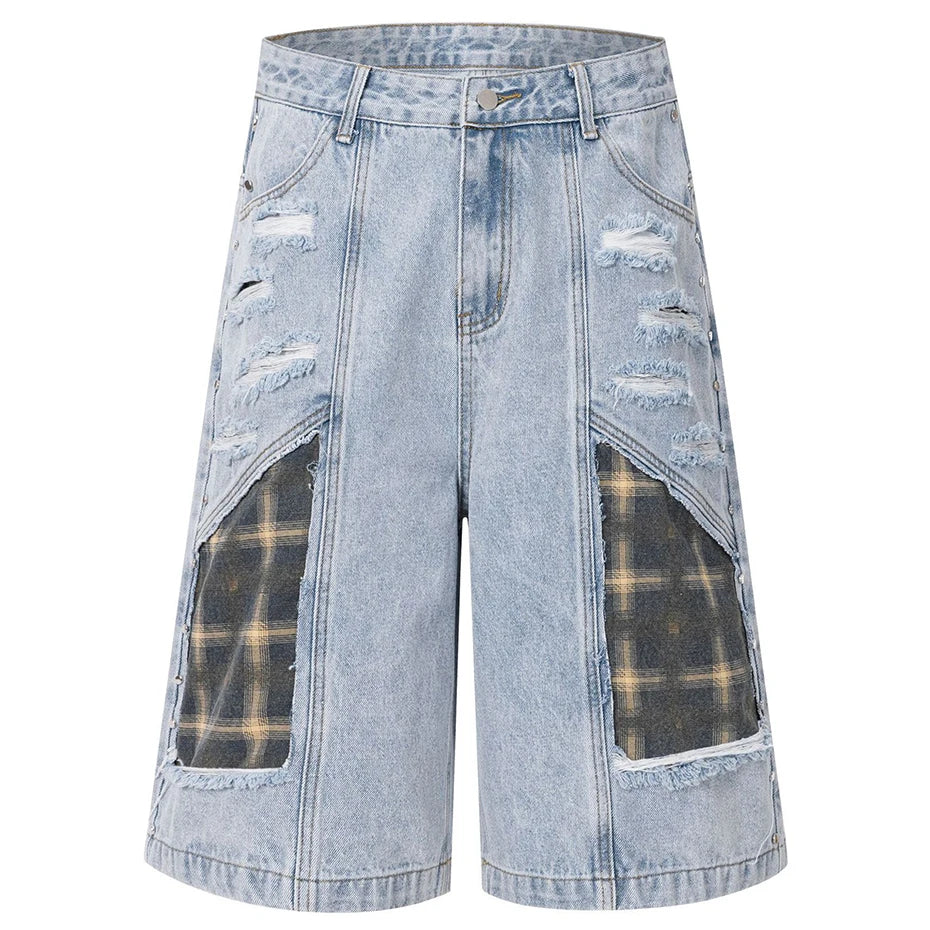 Vintage Blue Plaid Ripped Denim Shorts — detail shot