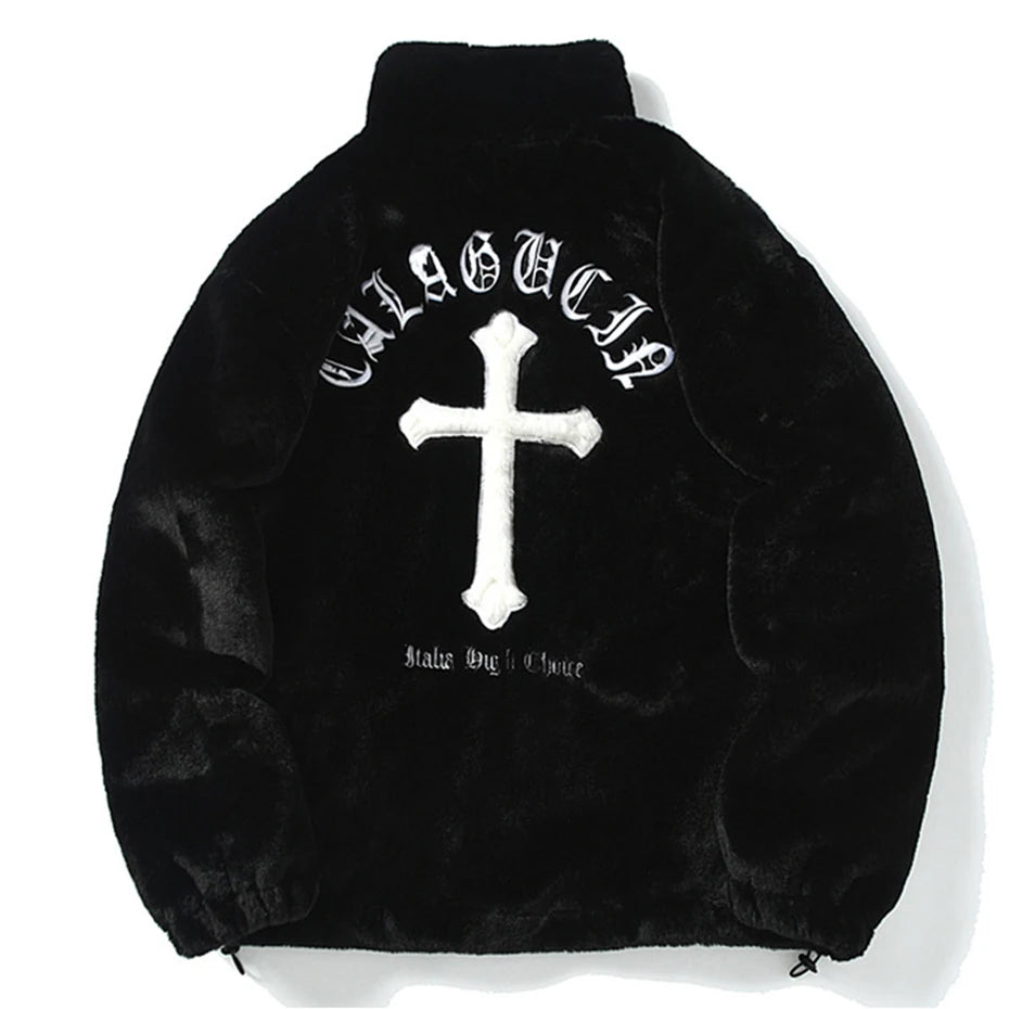 Black Cross Embroidered Fleece Oversized Coat — styling shot