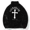 Black Cross Embroidered Fleece Oversized Coat — styling shot