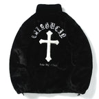 Black Cross Embroidered Fleece Oversized Coat — styling shot