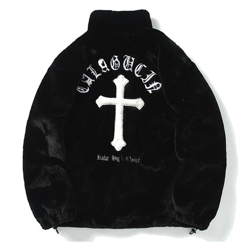Black Cross Embroidered Fleece Oversized Coat — styling shot
