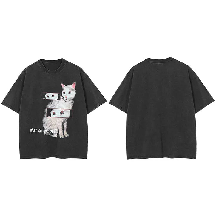 Black Cat Eyes Faded T-Shirt — fit shot