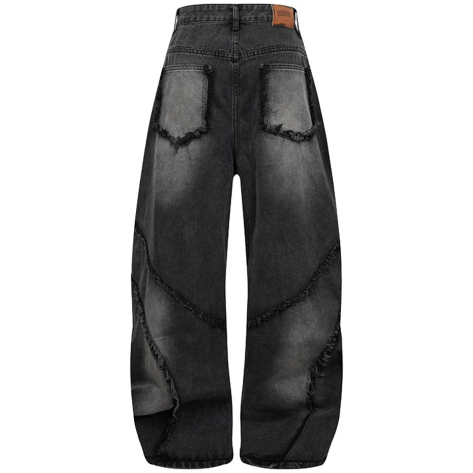 Tassel Vintage Patchwork Denim Baggy Jeans — front view