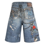 Vintage Blue Chain Graphic Loose Denim Shorts — front view