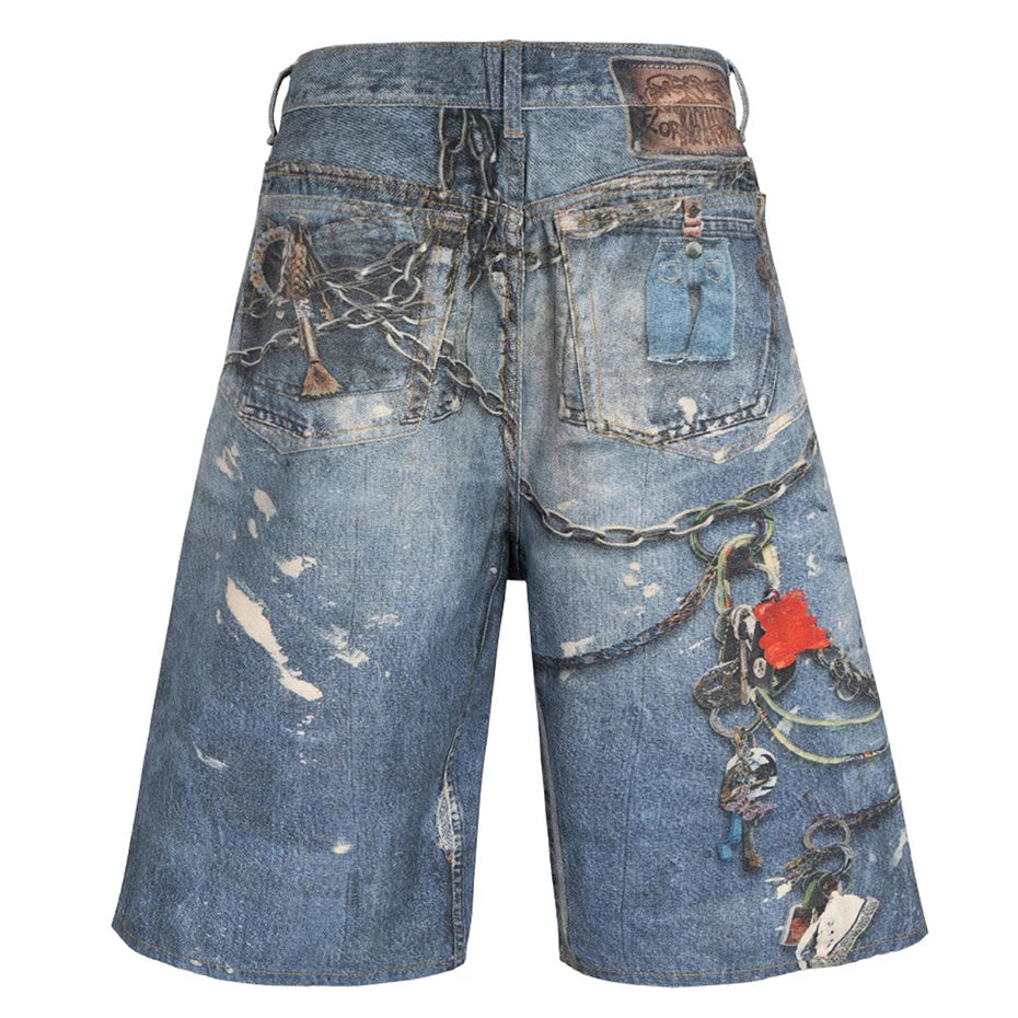 Vintage Blue Chain Graphic Loose Denim Shorts — front view