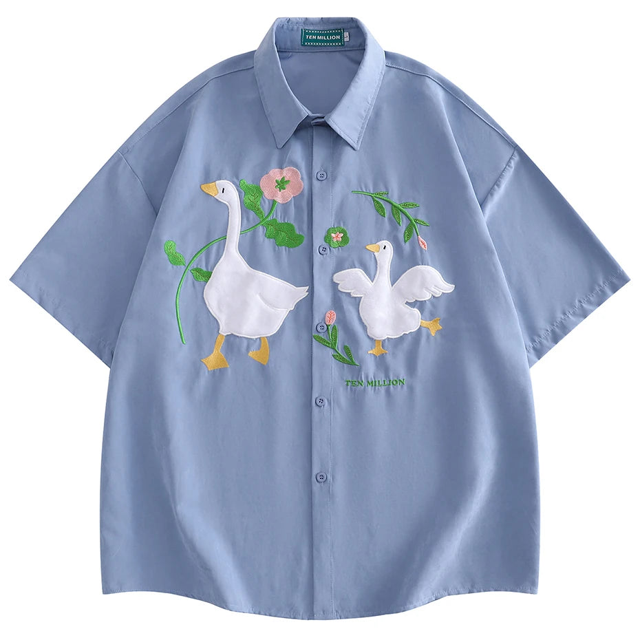 Blue Flower Embroidered Shirt — styling shot