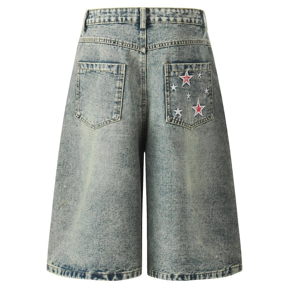 Vintage Blue Star Embroidered Denim Shorts — front view