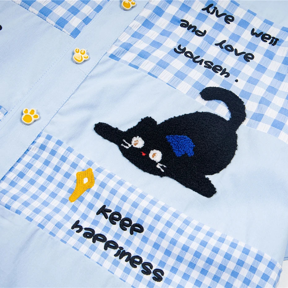 Y2K Cat Graphic Loose Shirt — fabric close-up