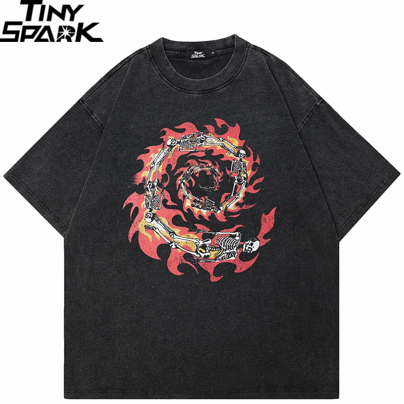 Vintage Black Burning Skull Graphic Oversized T-Shirt — front view