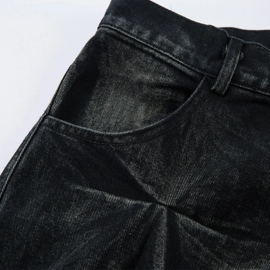Black Pleated Denim Baggy Jeans — back view