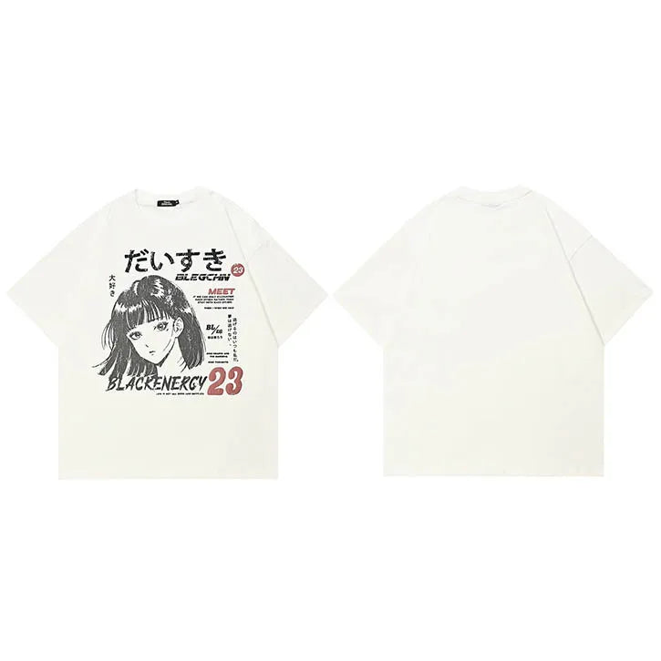 Y2K White Anime Cartoon Graphic T-Shirt — styling shot
