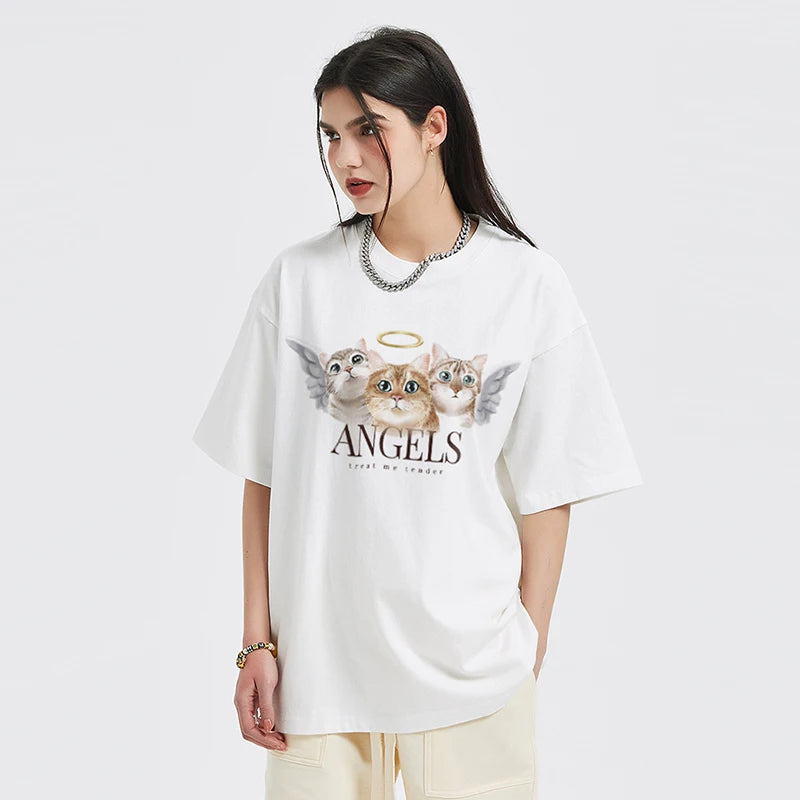 Beige Angel Cat Graphic T-Shirt — fit shot
