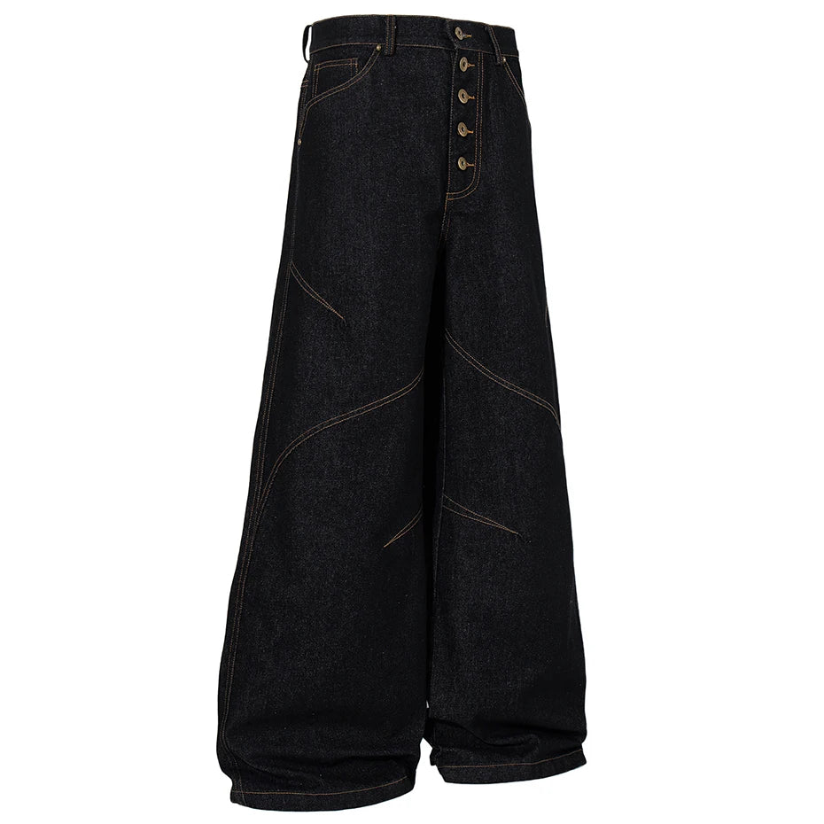 Loose Black Patchwork Denim Baggy Jeans — front view
