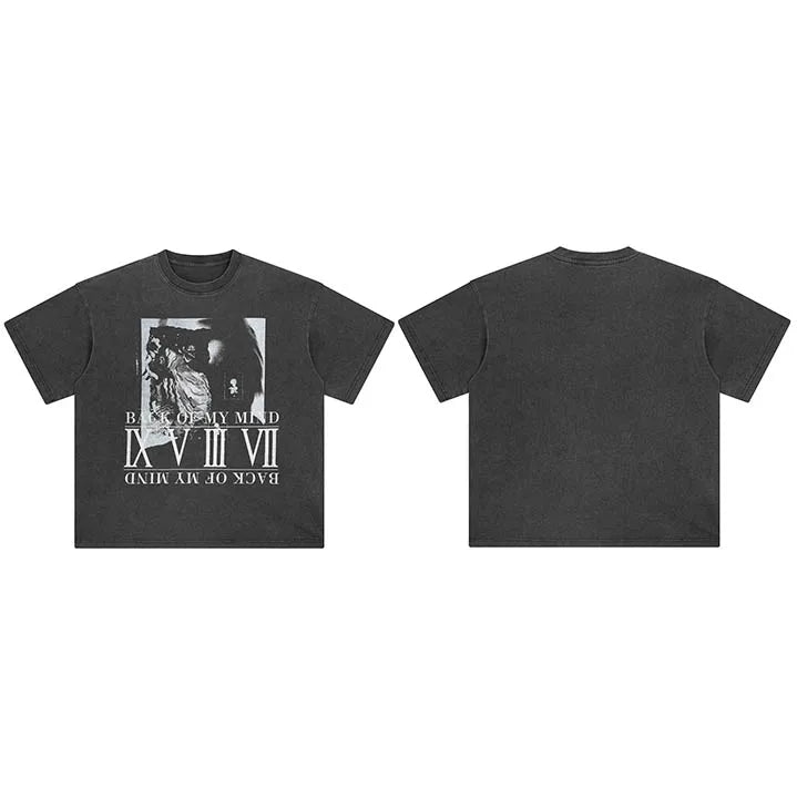 Roman Retro Black Washed T-Shirt — fabric close-up