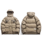 Blue Letter Hooded Puffer Jacket — close-up