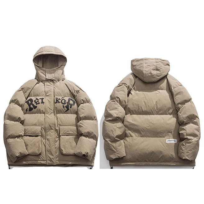 Blue Letter Hooded Puffer Jacket — close-up