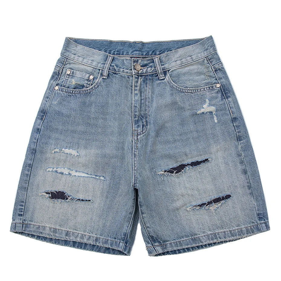 Vintage Blue Ripped Loose Denim Shorts — styling shot