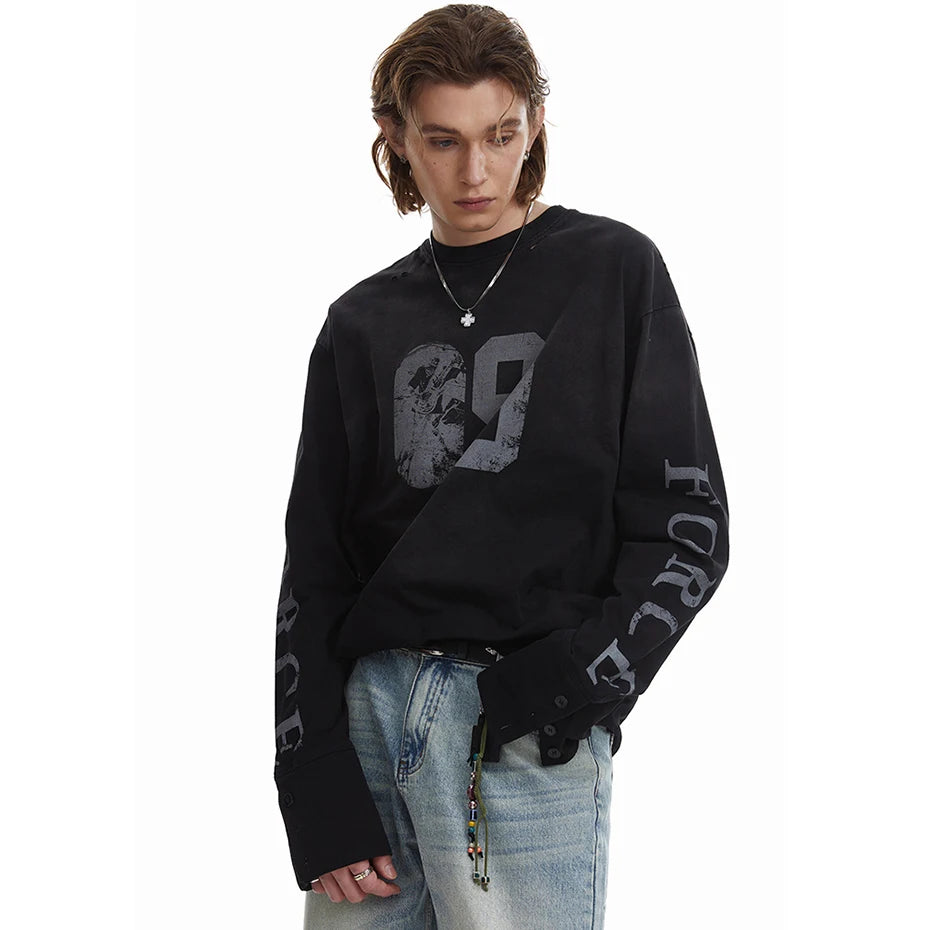 Vintage Black Letter Graphic Oversized Long Sleeve Tee — detail shot