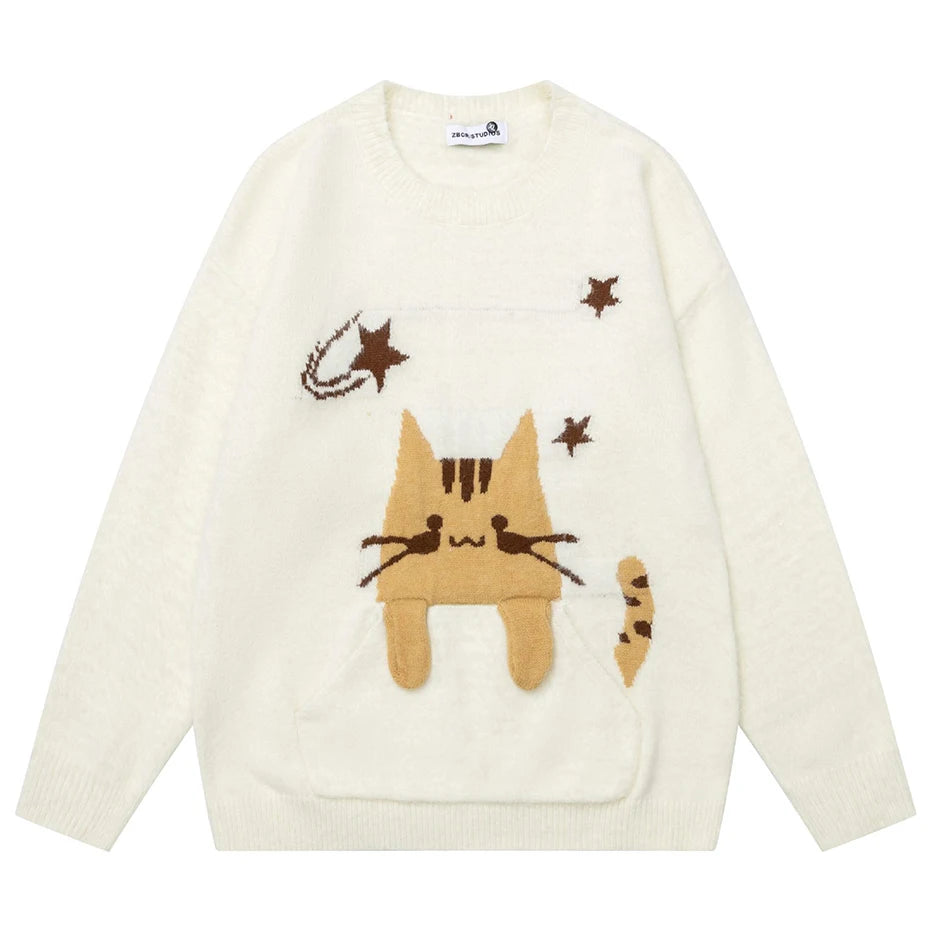Sweaters Y2K Cat Graphic Knit Oversized Sweater — styling shot