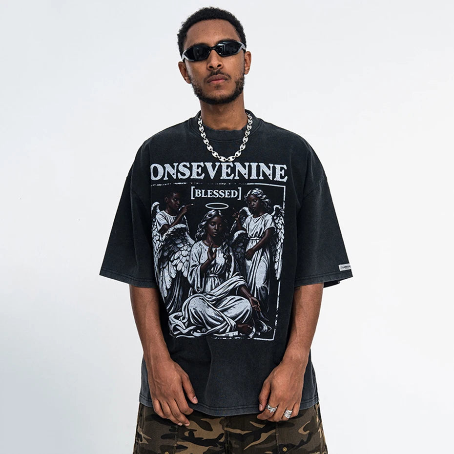 Blue Vintage Graphic Oversized T-Shirt — detail shot