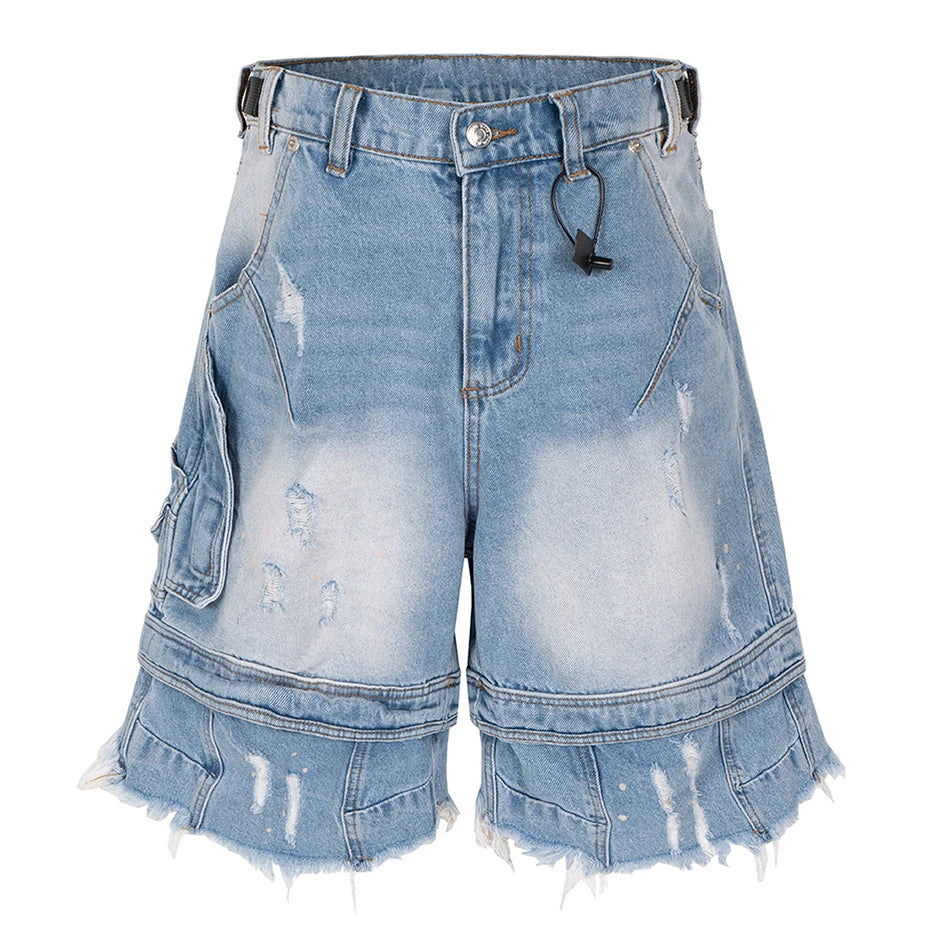 Vintage Blue Ripped Wide Leg Denim Shorts — styling shot