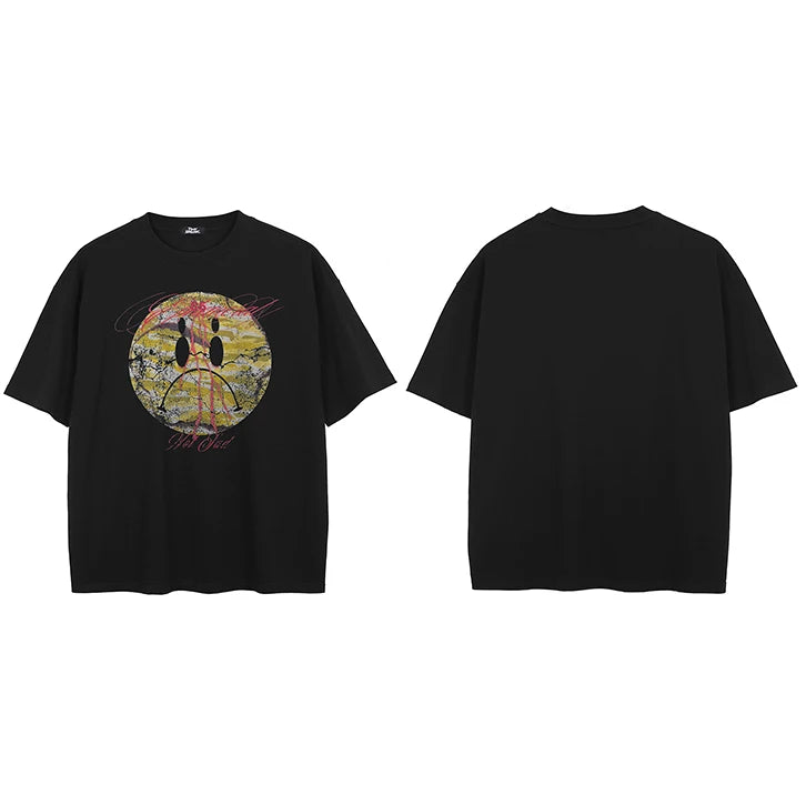 Black Graffiti Sad Face Faded T-Shirt — styling shot