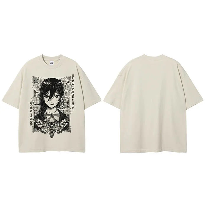 Beige Anime Cartoon Graphic T-Shirt — fabric close-up