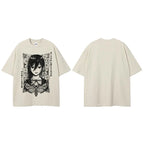 Beige Anime Cartoon Graphic T-Shirt — fabric close-up