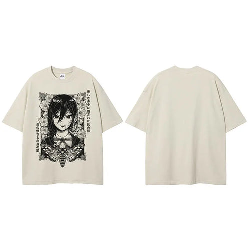Beige Anime Cartoon Graphic T-Shirt — fabric close-up
