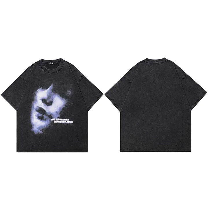 Graphic Retro Black Washed T-Shirt — fabric close-up