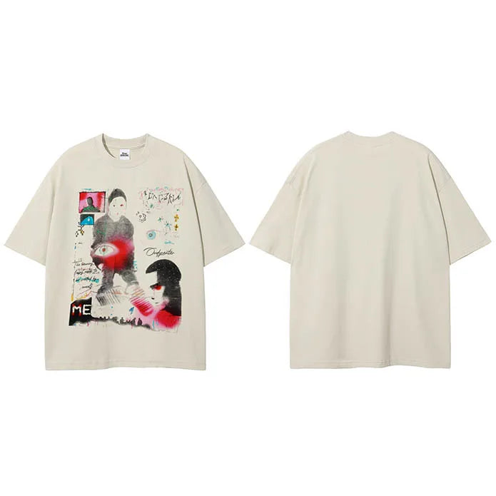 Beige Eye Graffiti Graphic T-Shirt — fit shot