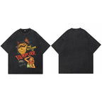Graphic Retro Black Cat Washed T-Shirt — fabric close-up