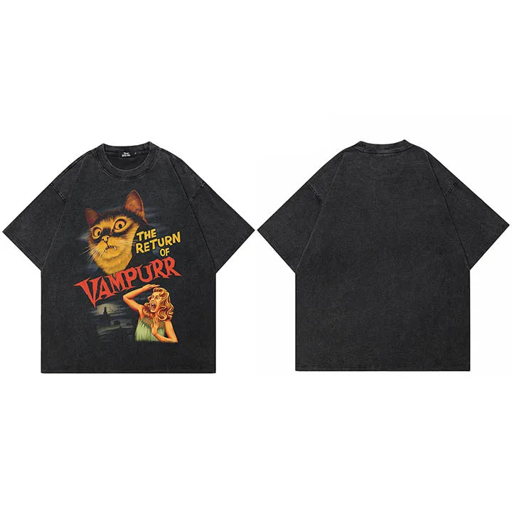 Graphic Retro Black Cat Washed T-Shirt — fabric close-up