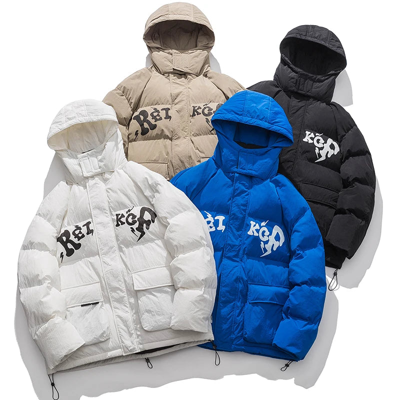Blue Letter Hooded Puffer Jacket — detail shot