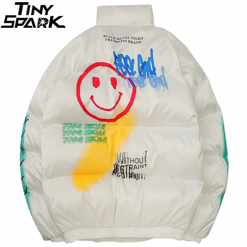 Graffiti Print Puffer Jacket — detail shot