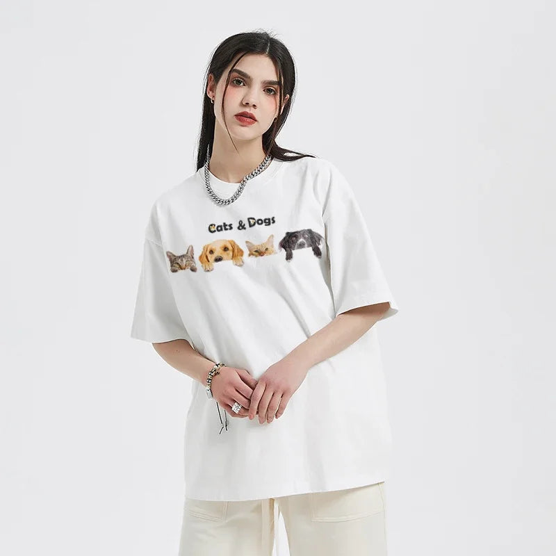Y2K White Cats Graphic T-Shirt — back view