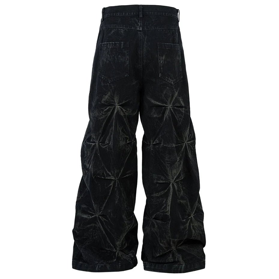 Black Pleated Denim Baggy Jeans — front view