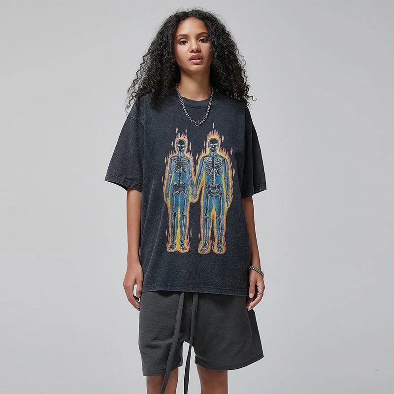Black Skull Skeleton Graphic Oversized T-Shirt — front view